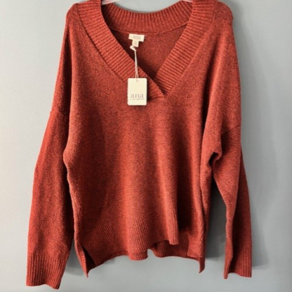 Ana Approach Brown V Neck Long Sleeve Lightweight Sweater OX Cozy Chic NWT $42
